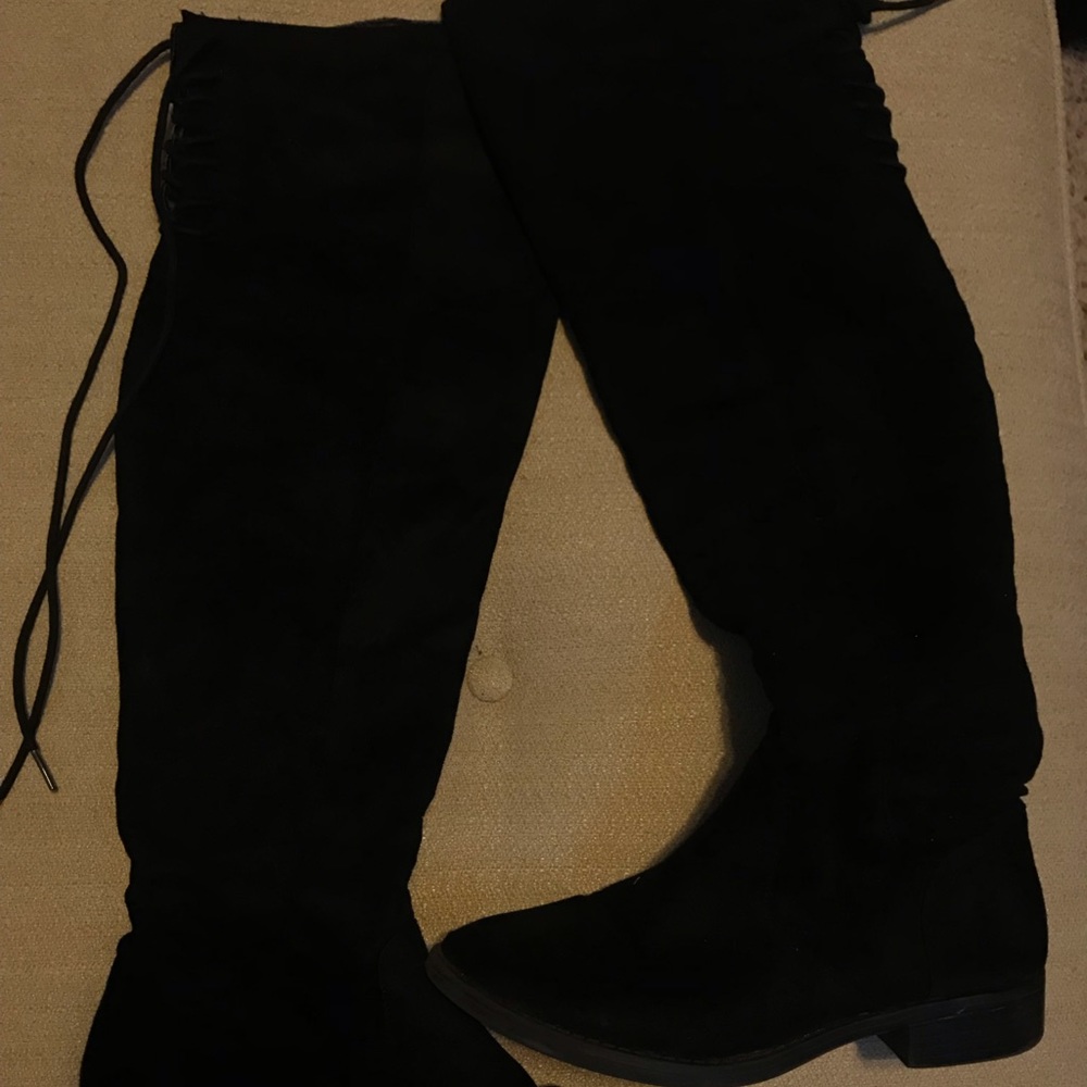Black Tie Up Suede Knee High Boots